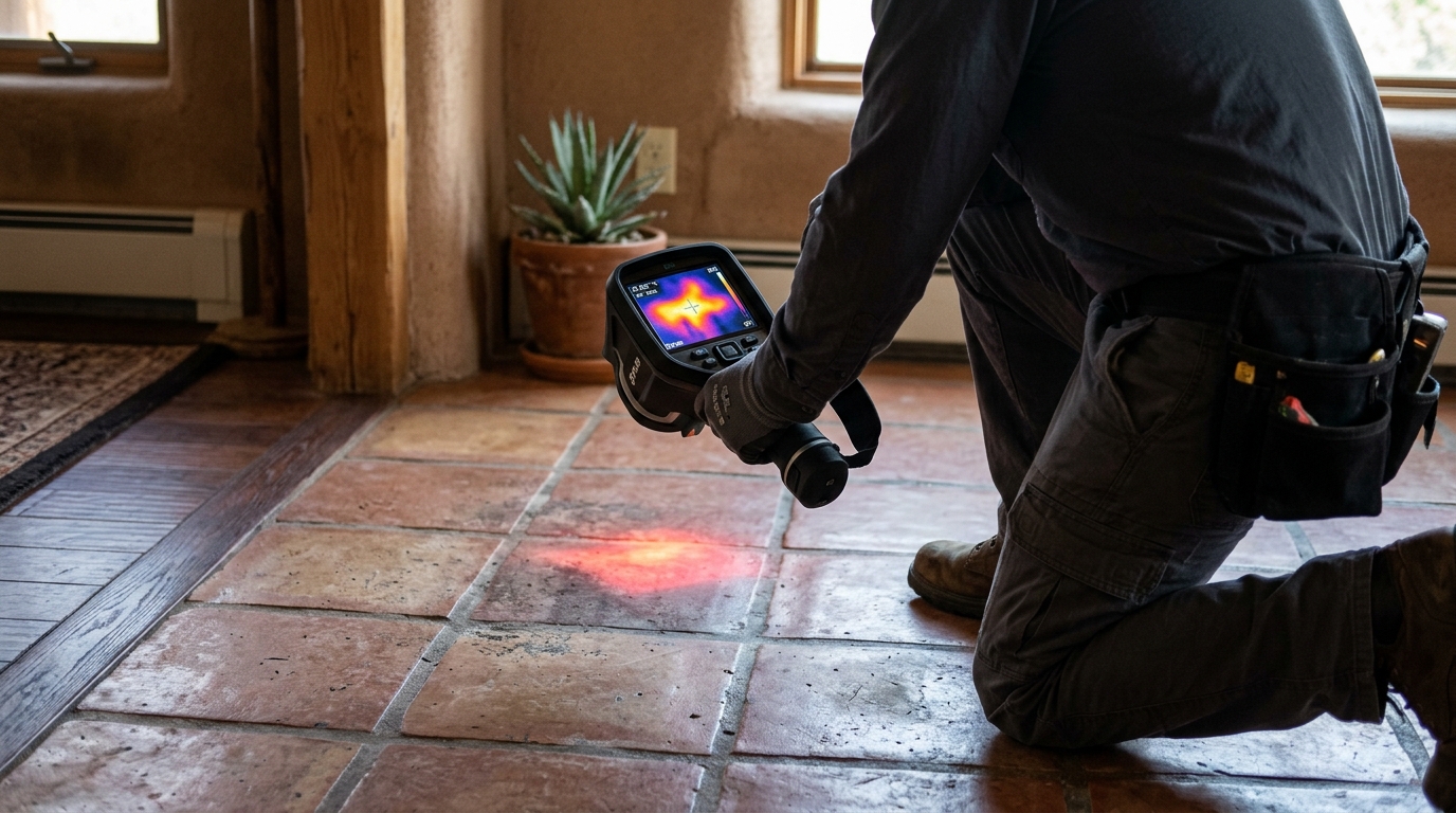 Thermal imaging detecting hot water slab leak under tile floor